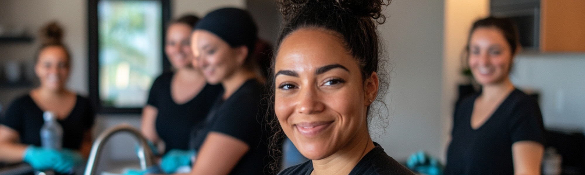 Smiling cleaning technicians wiping down the kitchen