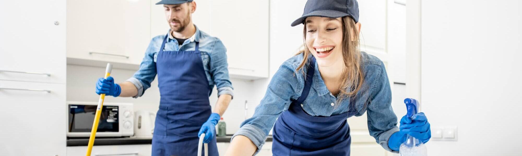 Happy cleaners, working in the kitchen